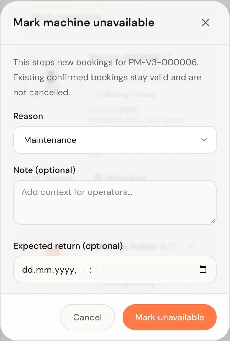 Mark machine unavailable dialog with a reason list including Damaged or out of service, a note field, an expected return field, and the confirming Mark unavailable button.