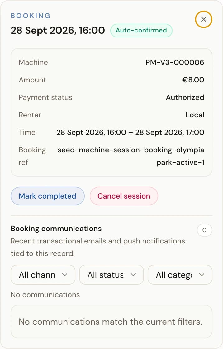 Booking details on the Sessions page showing the renter, session window, payment state, and the Mark completed and Cancel session actions.