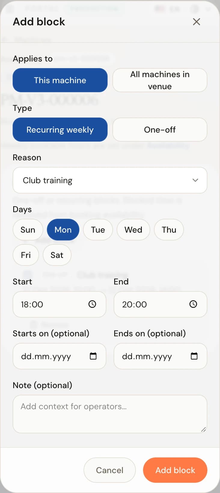 Add block dialog with a choice between this machine or all machines in the venue, recurring weekly or one-off type, reason selection, time fields, and a note field.