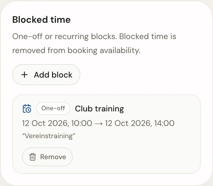 Blocked time section of a machine schedule showing one scheduled block with its reason and time window next to an Add block button.