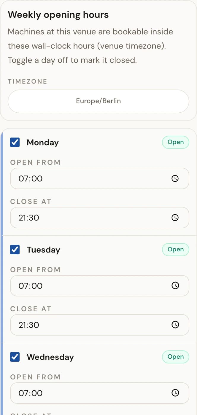 Weekly opening hours editor listing days with an Open checkbox and Open from and Close at time fields per day.