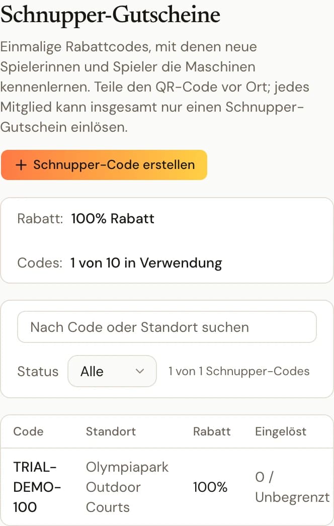 Test-Gutschein-Arbeitsbereich mit der Richtlinienleiste samt festem Rabatt und verbleibendem Kontingent, der Liste ausgestellter Codes und der Aktion zum Erstellen.